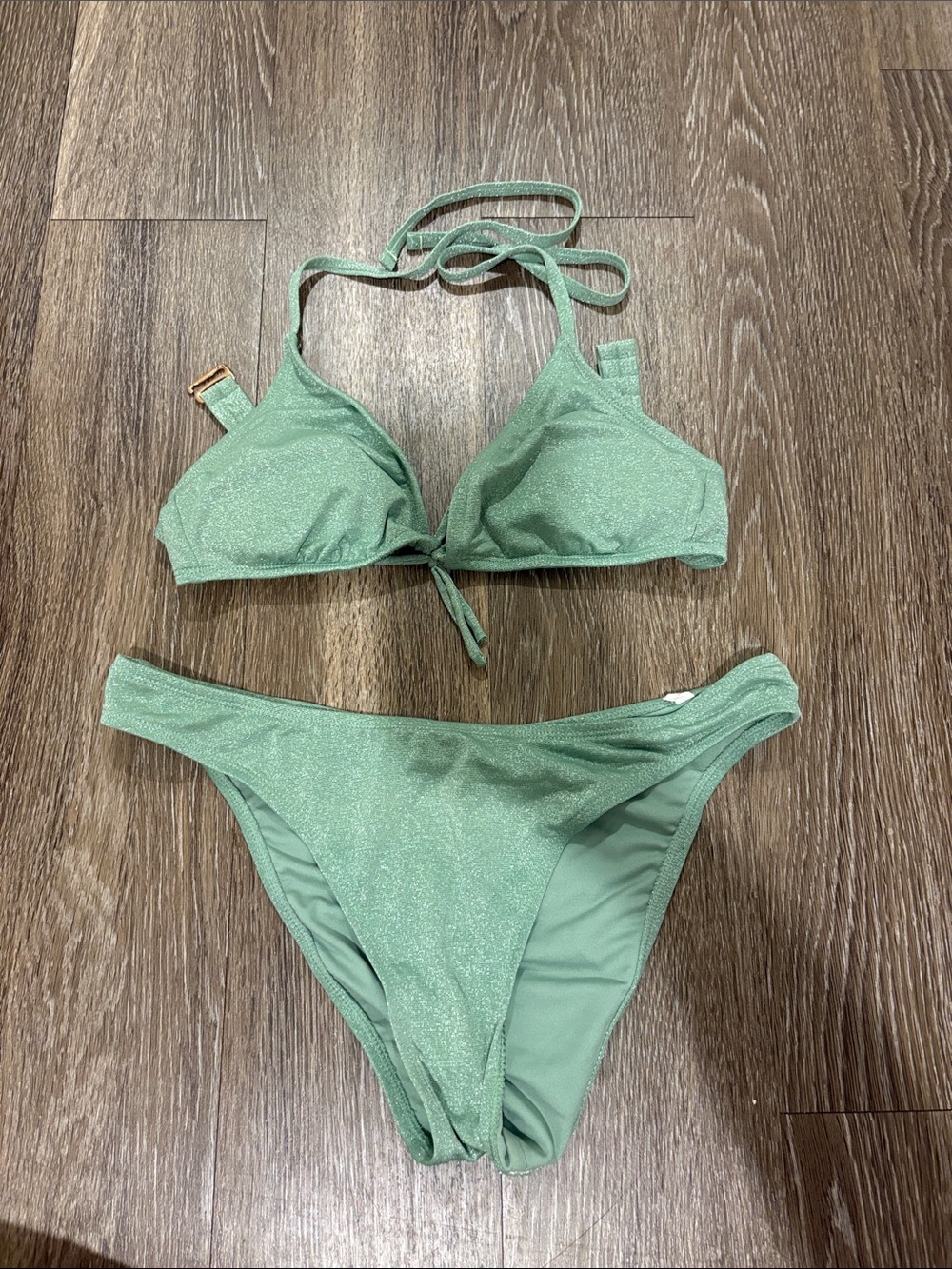 Shade & Shore Sparkle Sage Green Tie-Front Bikini